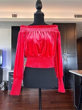Bar III Red Velvet Off Shoulder Crop Top Smocked Long Sleeve Holiday Party M